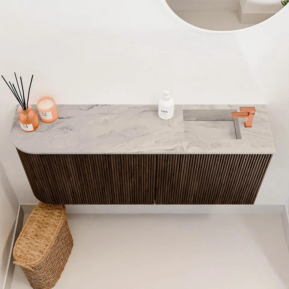 Mondiaz Joya DLux 100cm toiletmeubel ronding links walnut met wastafel faye rechts 1 kraangat glace