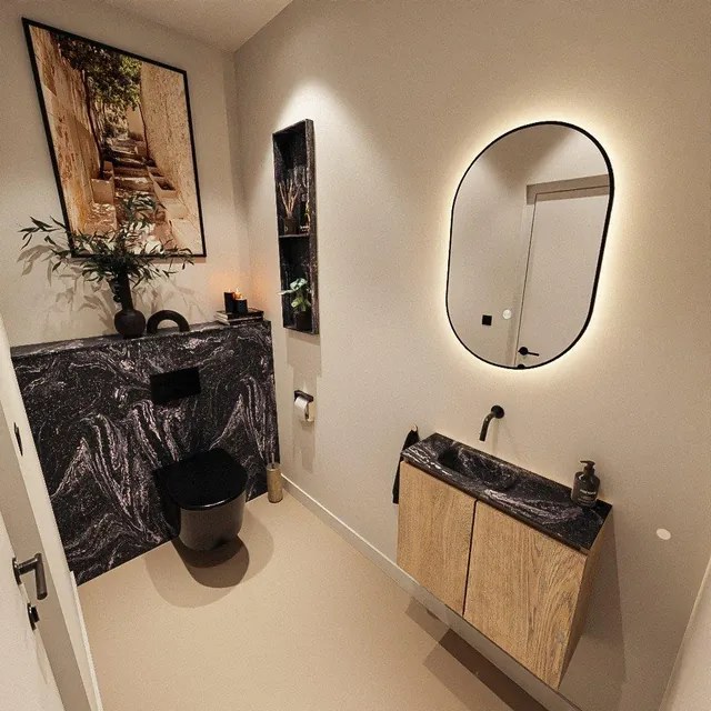 MONDIAZ TURE-DLUX 60cm toiletmeubel Washed Oak. EDEN wastafel Lava positie links. Zonder kraangat. TUREDX60WASL0LAV