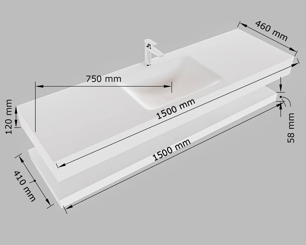 Mondiaz Alan DLux planchet 150cm met wastafel midden zonder kraangat glace