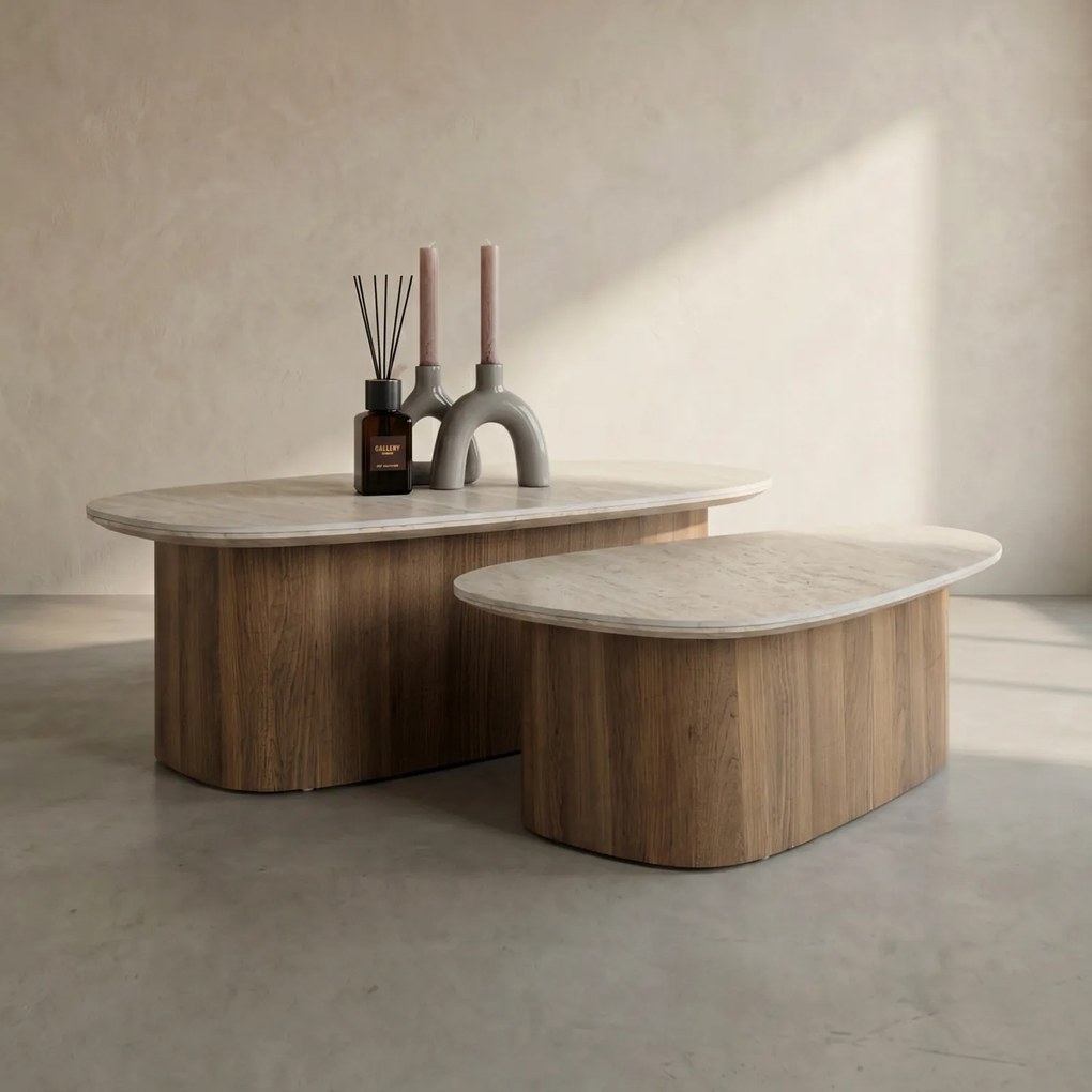 Salontafelset Driehoek Hout En Travertin - 90 X 53cm.