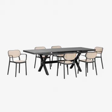 Uitschuifbare Rechthoekige Tafelset 180-240x90 Cm Karena En 6 Stapelbare Tuinstoelen Met Armleuningen Omara Grijs – Grafiet - Sklum