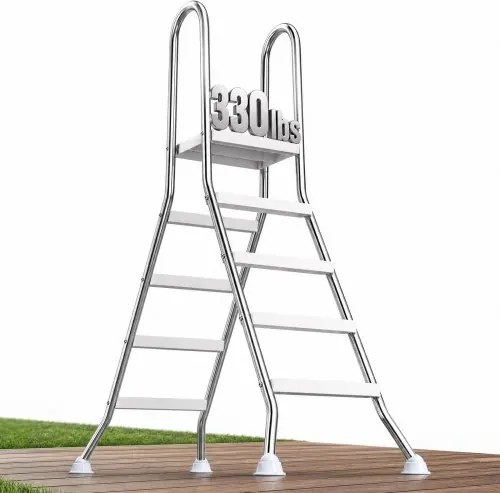 VEVOR roestvrijstalen zwembadladder, draagvermogen 150 kg, A-frame instapladder, veiligheidsladder voor bovengrondse zwembaden met een diepte van 125 cm, instaphulp met 3 antislip treden en platform, zilverkleurig