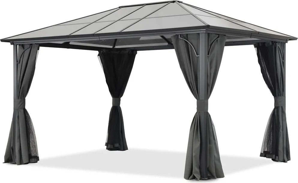 Modern tuinhuisje Santiago 3x4m met Garden Point antraciet gordijnen