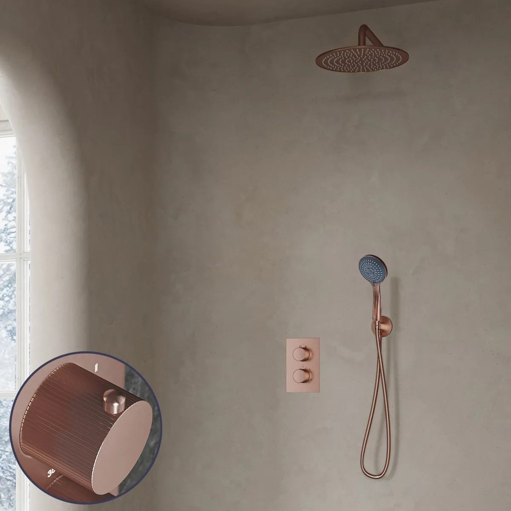Saniclear Copper Stripes inbouw regendouche met 20cm hoofddouche, muurarm en 3 standen handdouche geborsteld koper