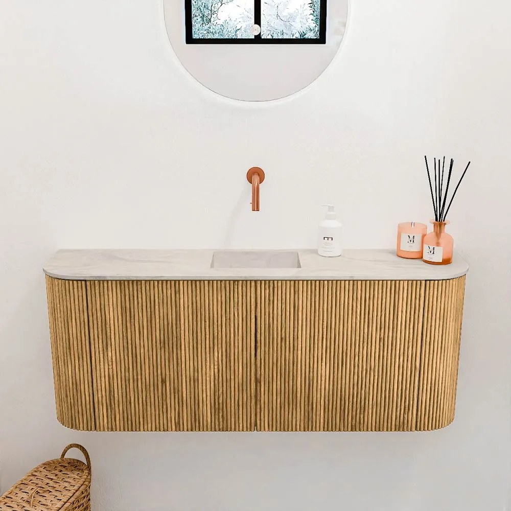 Mondiaz Joya DLux 105cm toiletmeubel ronding links/rechts oak met wastafel faye midden zonder kraangat ostra