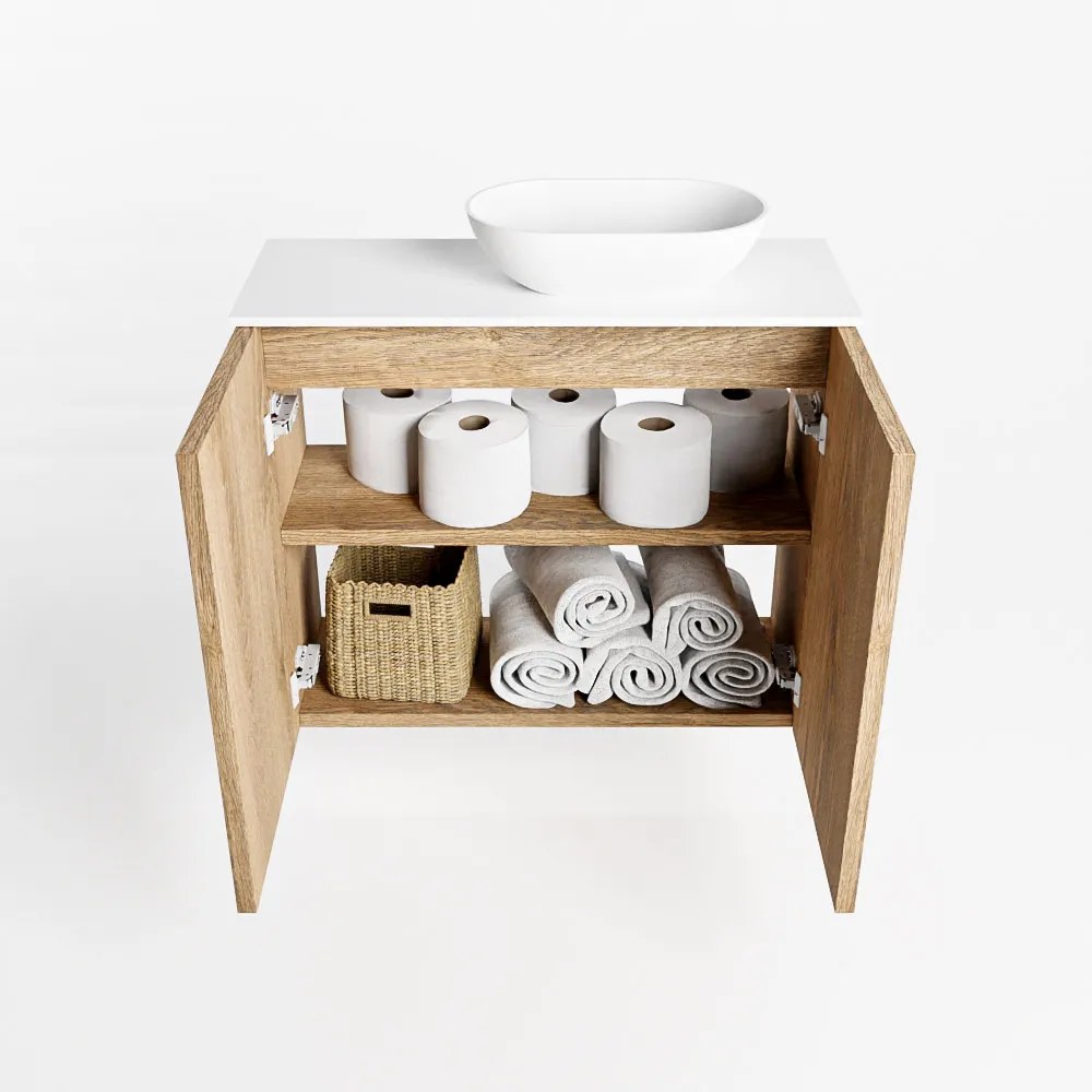 Mondiaz Fowy toiletmeubel 60cm washed oak met witte waskom rechts en kraangat