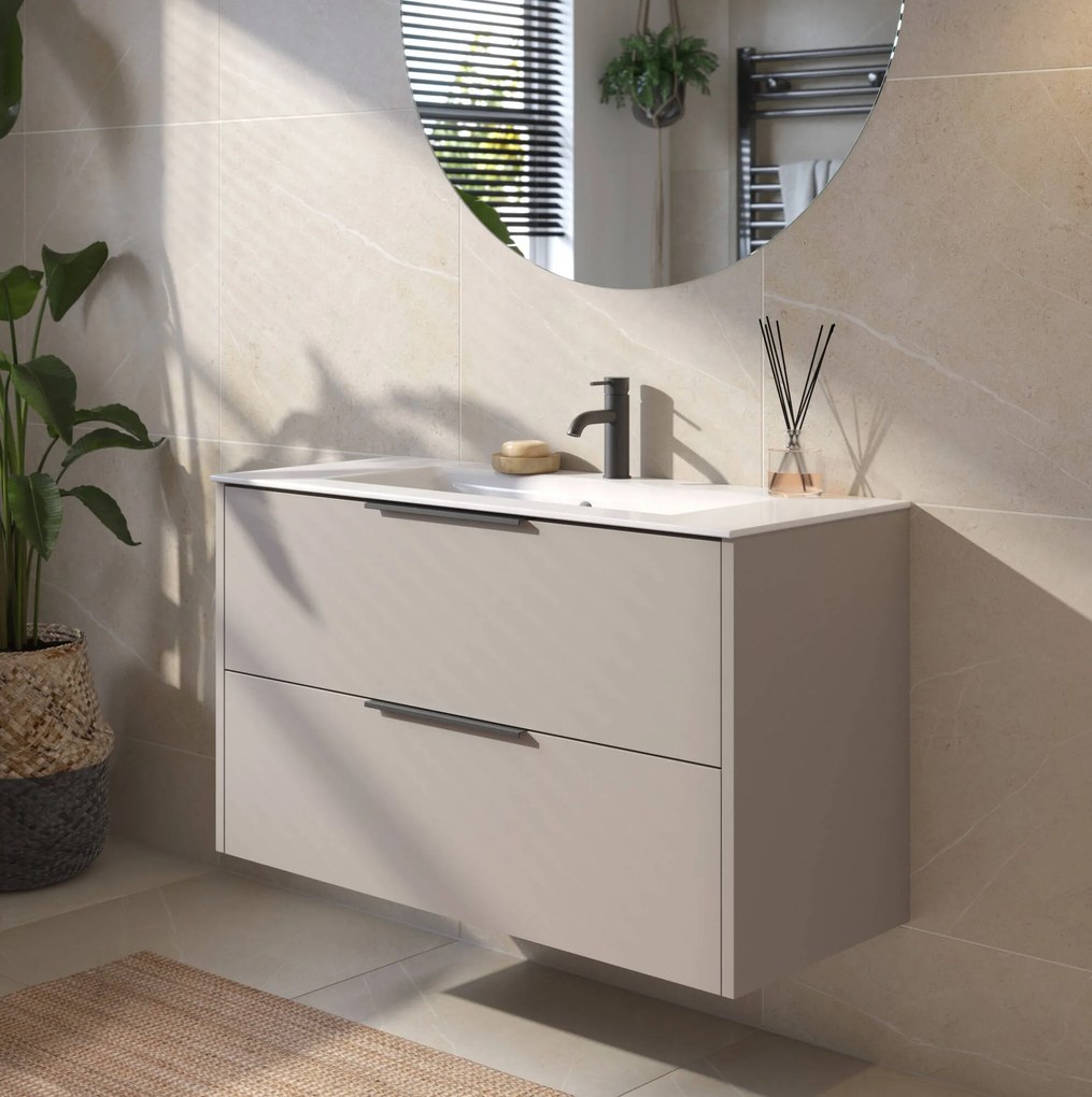 Saqu Lima badmeubel incl. glans witte keramische wastafel 100x46x61cm mat greige – mat zwarte greep