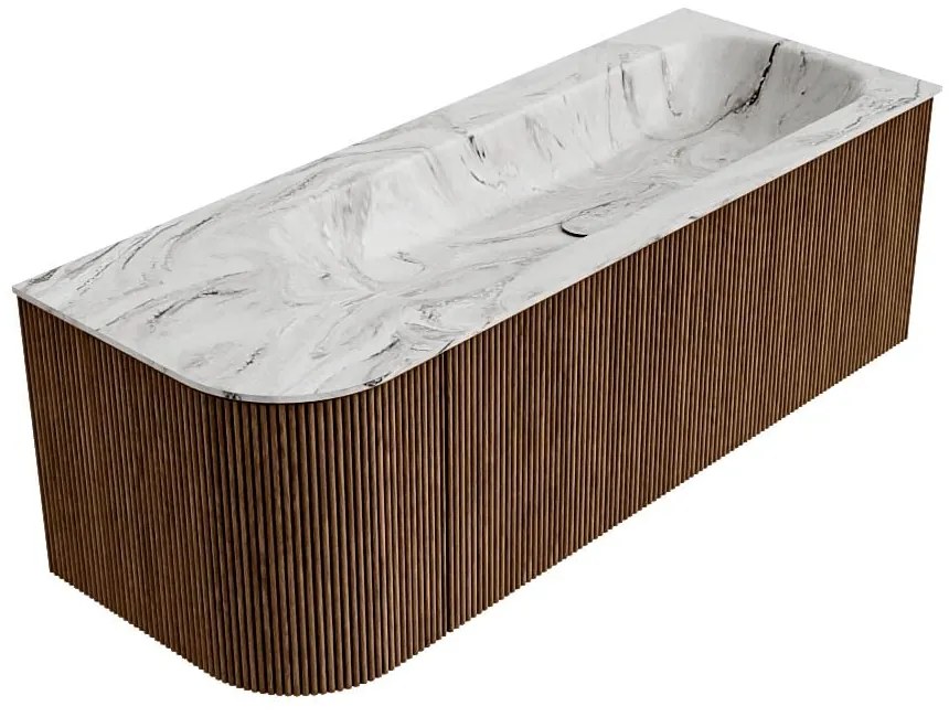 Mondiaz Kurve-dlux 125cm badmeubel ronding links walnut met 1 lade en deur en wastafel big medium kraangat rechts glace
