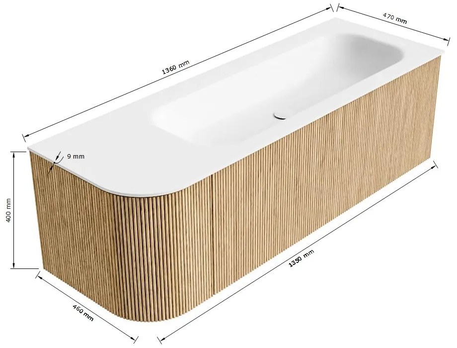 Mondiaz Kurve 135cm badmeubel ronding links oak met 1 lade en deur en wastafel big medium kraangat rechts urban