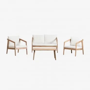 Tuinset Met Bank, 2 Fauteuils En Salontafel Van Acaciahout Kaela Lichte Acaciekleur & 2 Zits & Stof Gardenia Wit - Sklum
