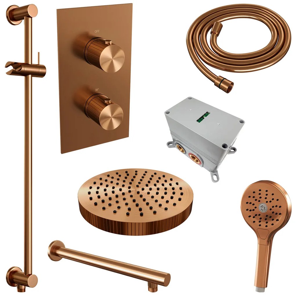 Brauer Stripe inbouw regendouche met 25cm hoofddouche, met rechte muurarm, glijstang en 3 standen handdouche set 22 koper geborsteld PVD