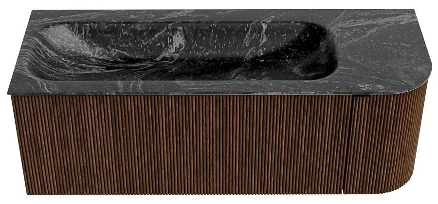 Mondiaz Kurve-dlux 125cm badmeubel ronding rechts walnut met 1 lade en deur en wastafel big medium kraangat links lava