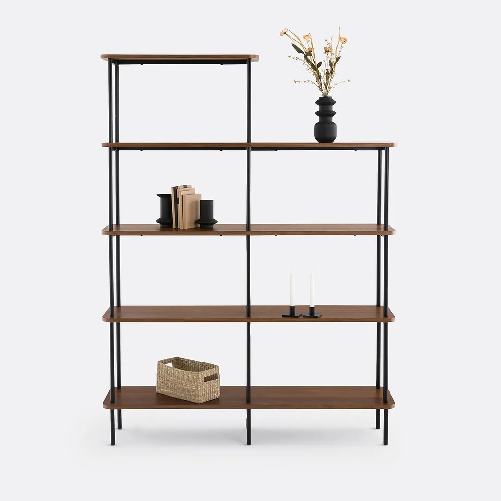 Asymmetrische boekenkast, walnootfineer en staal, KERRIE