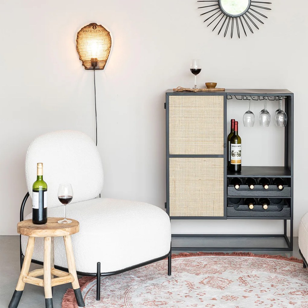 Wijnkast Japandi Zwart Met Rotan - 80x38x100cm.