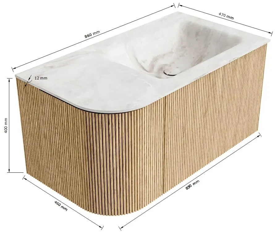 Mondiaz Kurve-dlux 85cm badmeubel ronding links oak met 1 lade en deur en wastafel cloud rechts zonder kraangat lava