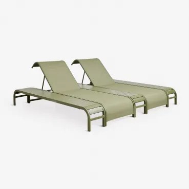 Set Van 2 Verstelbare Ligstoelen En 3 Bijzettafels Van Staal Marietta Groen – Intens Olijf - Sklum