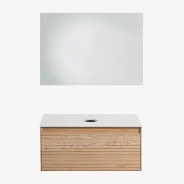 Tedrik Badkamermeubelset In Essenhout Ash Brown & Without Sink & Rechthoekige Led En Anticondens 100x70 Cm Tamsin & Zonder Kraan - Sklum