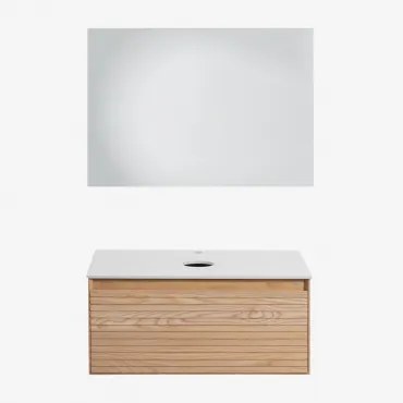 Tedrik Zwevend Badkamermeubelset 80x50 Cm In Essenhout Ash Brown & Without Sink & Rechthoekige Led En Anticondens 100x70 Cm Riben & Zonder Kraan -
