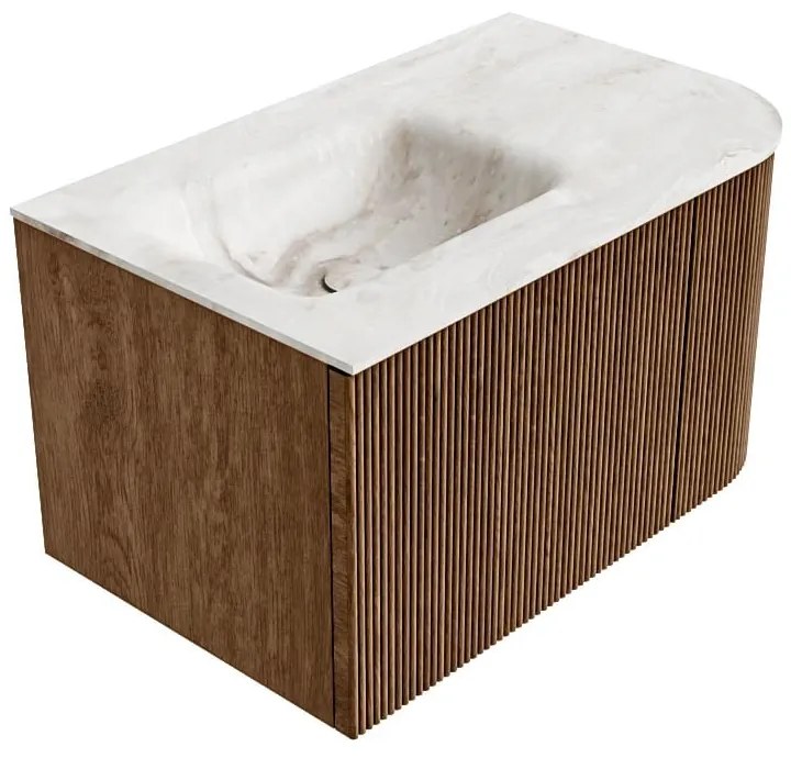 Mondiaz Kurve-dlux 75cm badmeubel ronding rechts walnut met 1 lade en deur en wastafel grunne links zonder kraangat frappe