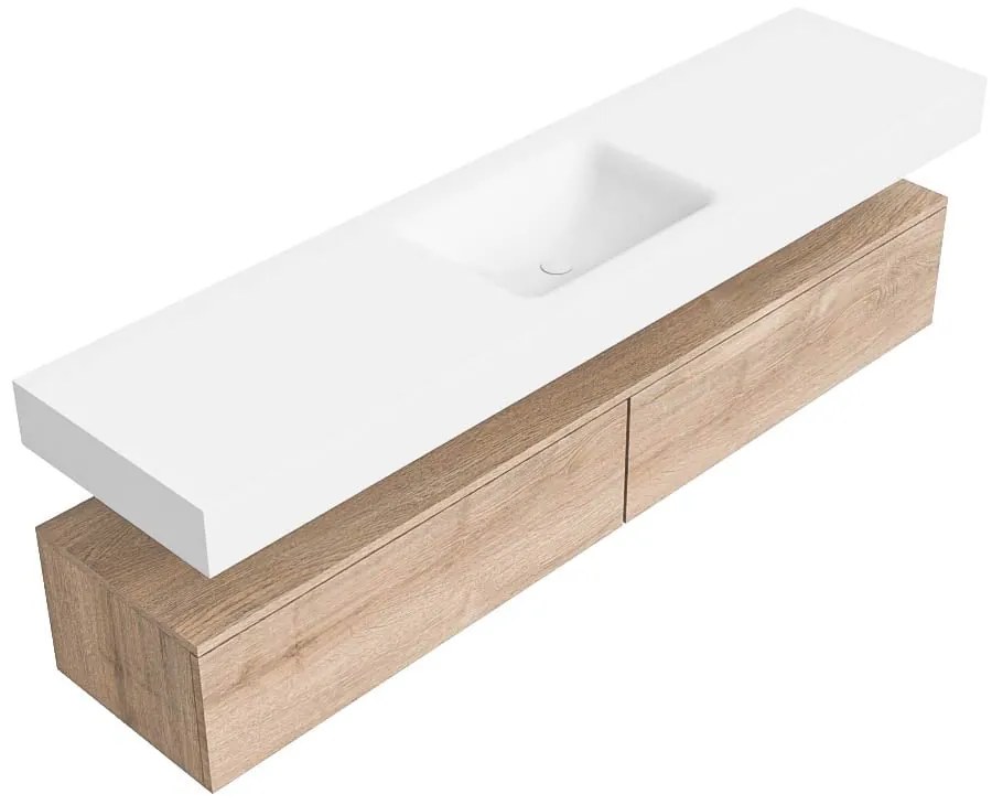 Zaro Alan badmeubel 190cm washed oak 2 lades met vrijhangende wastafel cloud midden 1 kraangat talc