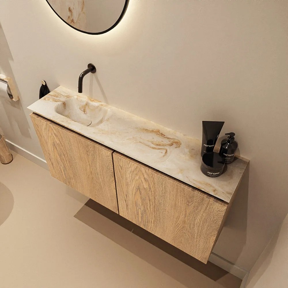 Mondiaz Ture DLux toiletmeubel 100cm washed oak met wastafel frappe links zonder kraangat