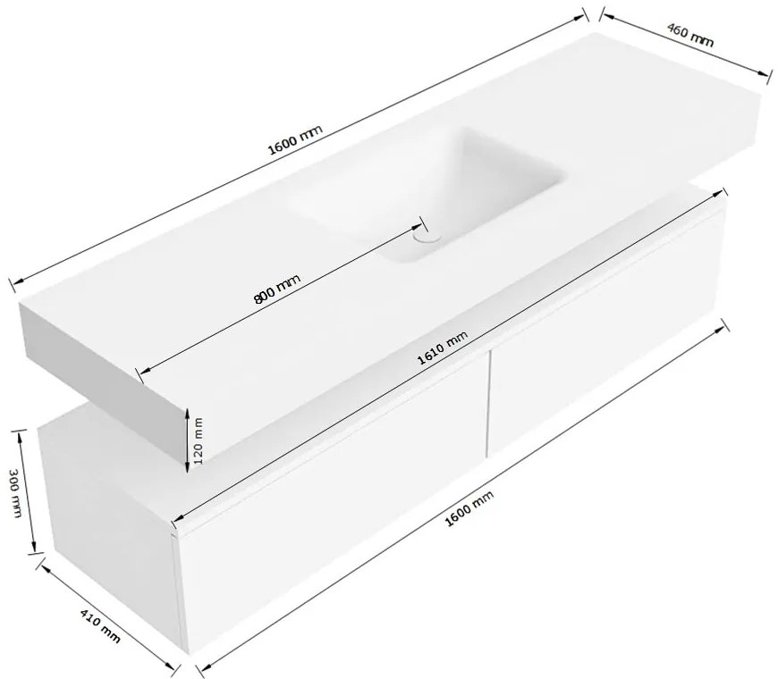 Zaro Alan badmeubel 160cm talc 2 lades met vrijhangende wastafel cloud midden zonder kraangat talc