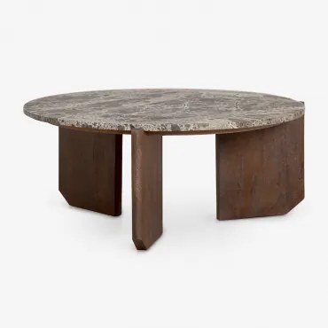 Ronde Salontafel Van Natuursteen En Mangohout Lavinia Bruin Marmer & Donker Hout & Ø70 Cm - Sklum