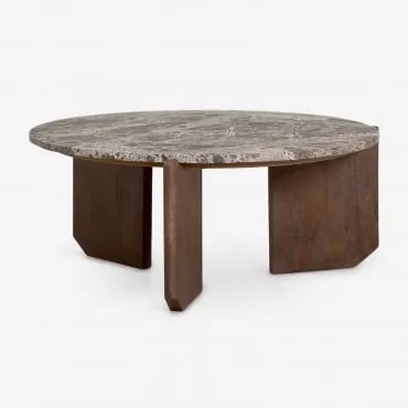 Ronde Salontafel Van Natuursteen En Mangohout Lavinia Ø70 Cm & Donker Handvat Hout & Bruin Marmer Emperador - Sklum