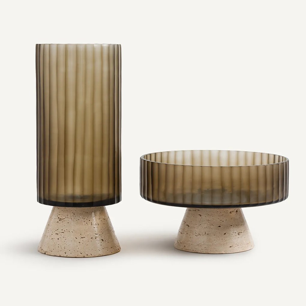 Schaal op voet in glas en travertijn, Trapani