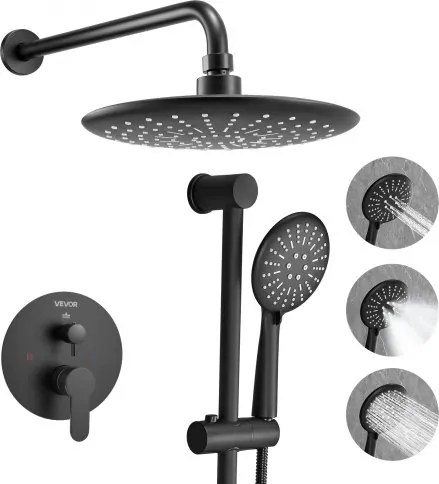VEVOR Douchekraan Regendouchesysteem voor Badkamer Douchesysteem met 229 mm Ronde Regendouchekop &amp; Handdouche, Wandgemonteerde Badkamerkranen met Messing Klep &amp; Afwerkingsset, Mat Zwart