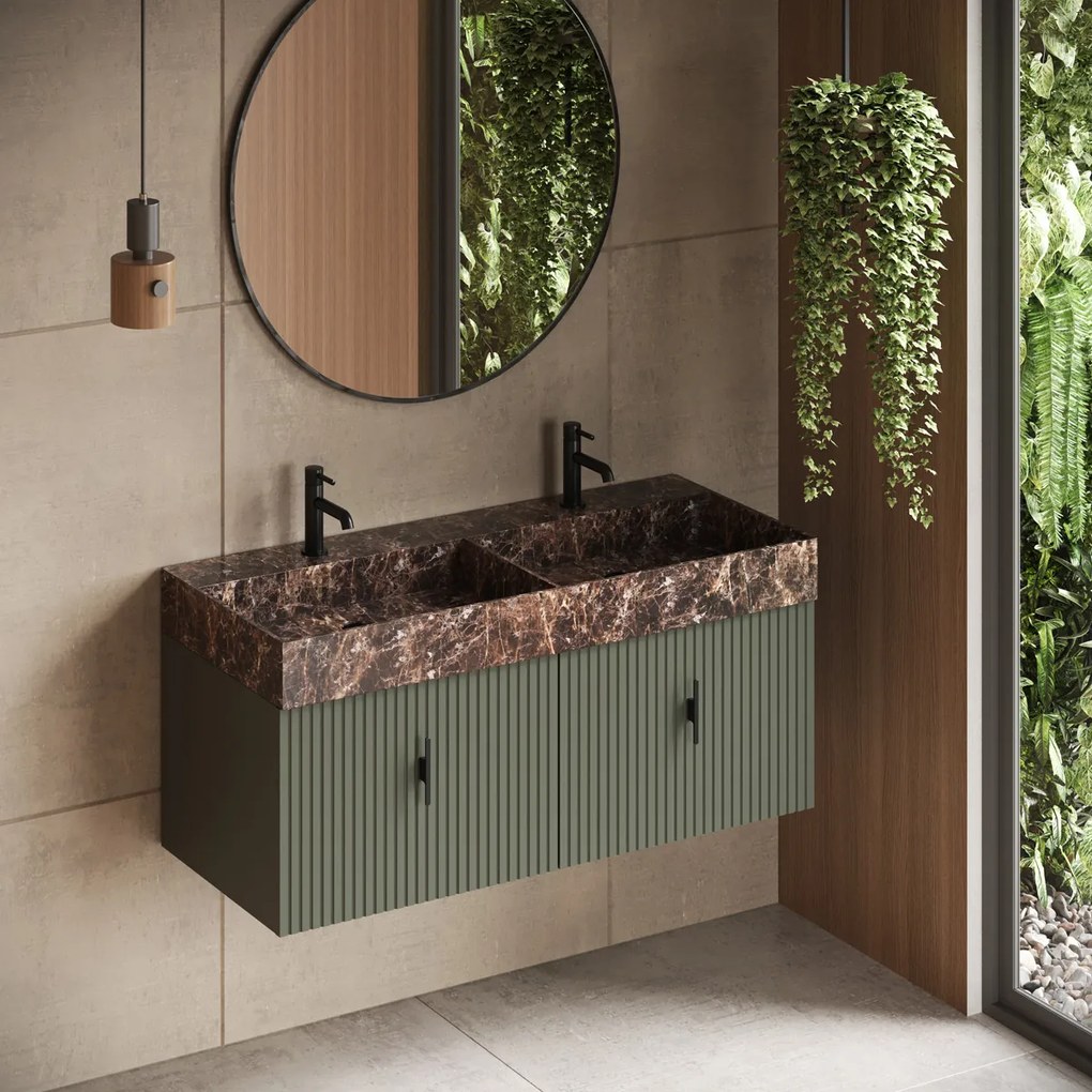 Muebles Zahora badmeubel ribbelfront 120cm legergroen met Dark Emperador wastafel met kraangaten