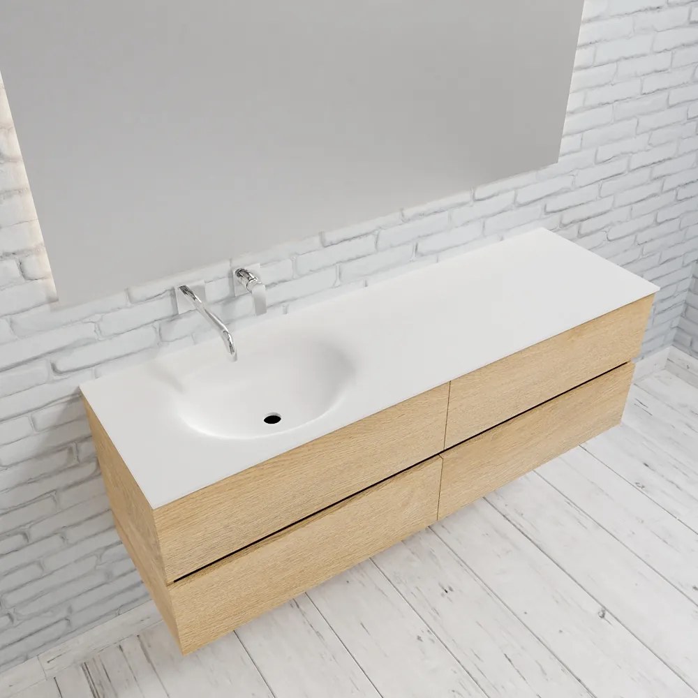 Zaro Sevilla Solid Surface badmeubel 150cm licht eiken zonder kraangat spoelbak links met 4 lades