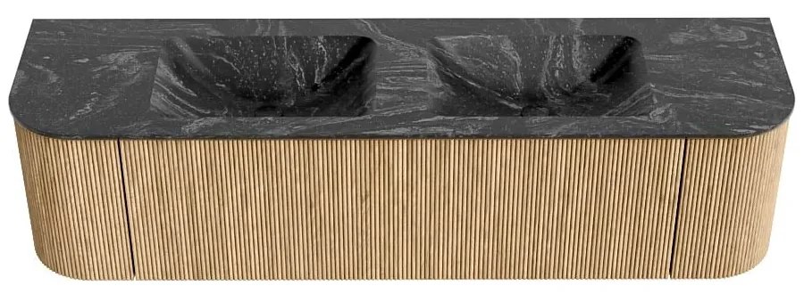 Mondiaz Kurve-dlux 170cm badmeubel ronding links/rechts oak met 1 lade en 2 deuren en wastafel leaf dubbel zonder kraangat lava
