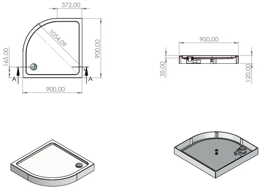 SaniGoods Rondo douchebak kwartrond 90x90x15cm