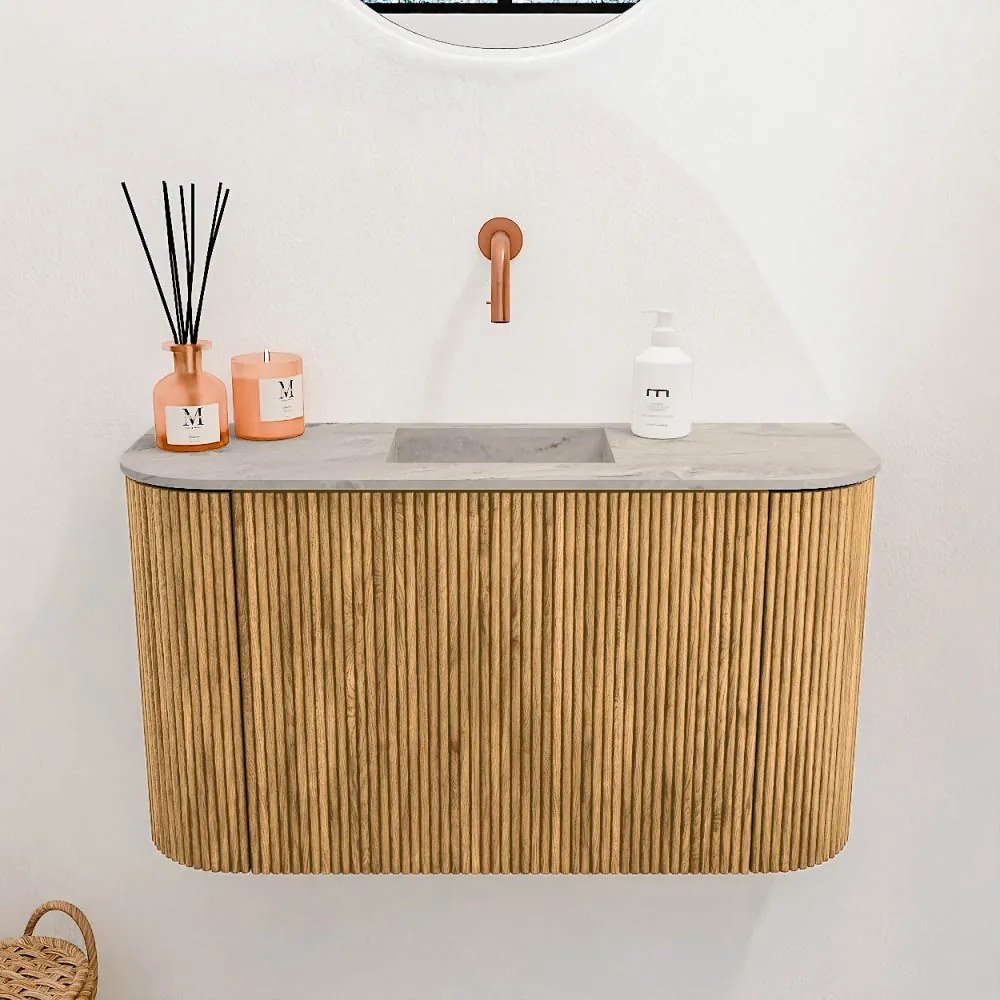 Mondiaz Joya DLux 75cm toiletmeubel ronding links/rechts oak met wastafel faye midden zonder kraangat glace