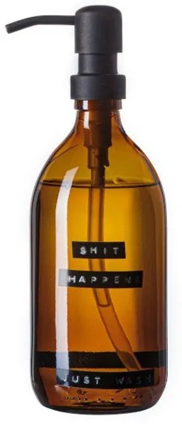 Wellmark Handzeep bruin glas zwarte pomp 500ml tekst SHIT HAPPENS..JUST WASH Zwart label 8720165018932