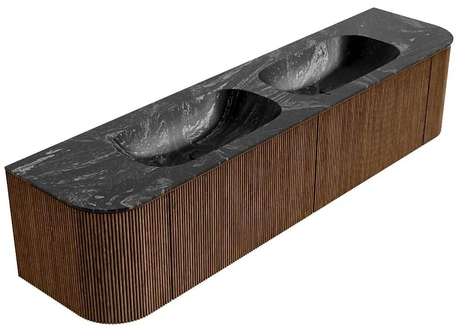 Mondiaz Kurve-dlux 190cm badmeubel ronding links/rechts walnut met 2 lades en deuren en wastafel stor small dubbel zonder kraangat lava
