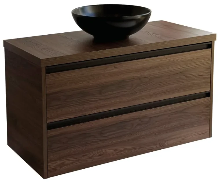 Sanicare Arda badkamermeubel 100cm nera oak met ronde zwarte waskom