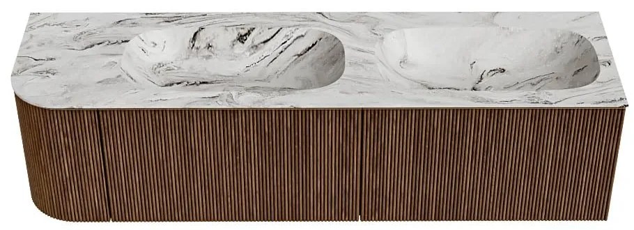 Mondiaz Kurve-dlux 165cm badmeubel ronding links walnut met 2 lades en 1 deur en wastafel stor small dubbel/rechts zonder kraangat glace