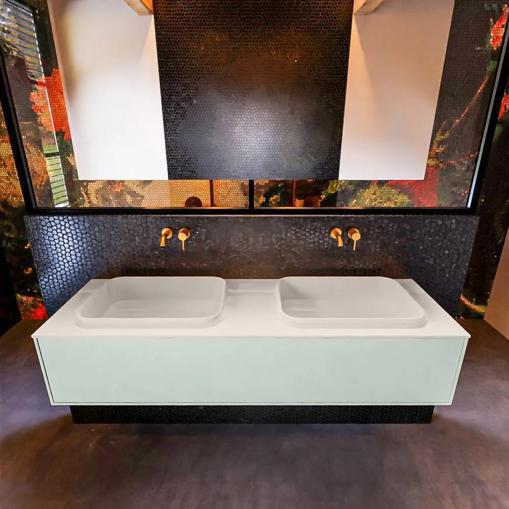 Mondiaz Erin 150cm badmeubel Greey met 1 lade en beige wastafel dubbel zonder kraangaten
