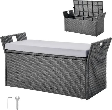 VEVOR Tuinbank met opbergruimte 180 kg, PE rotan bank, zitkist met kussen en handgreep, opbergbank, zit- en verandadecoratie voor terras, tuin en balkon, 104 x 45 x 52 cm
