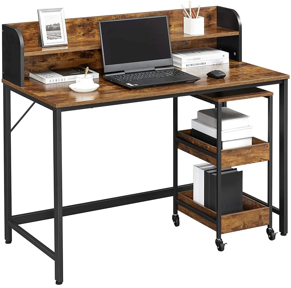 Nancy's Hibbing Kantoorset - Bureau - Rolwagen Met 3 Lagen - Monitorstandaard - Kabelmanagement - Staal - Bruin - Zwart - Industrieel