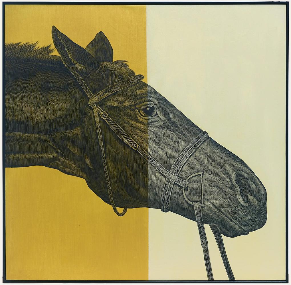 Fine Asianliving Olieverf Schilderij 100% Handgegraveerd 3D met Reliëf Effect en Zwarte Omlijsting 100x100cm Paard