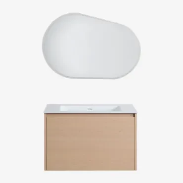 Badkamermeubelset In Hout Met Geïntegreerde Wastafel Jacob Natuurlijk Hout & Ovaal Led En Anticondens 100x65 Cm Meunier & Zonder Kraan - Sklum