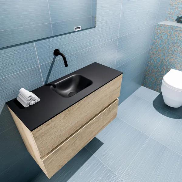 MONDIAZ ADA Toiletmeubel 80x30x50cm met 0 kraangaten 2 lades washed oak mat Wastafel Lex midden Solid Surface Zwart FK75342330