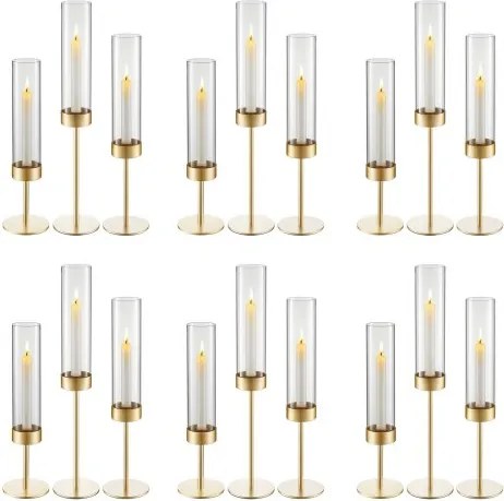 VEVOR 18-delige glazen cilinderset voor kaarsen, stormlantaarns 100x475mm, bodemloze kaarsenglazen met metalen kandelaars, windbestendige kaarsenhouderhoezen voor bruiloften, kerstfeesten en tafeldecoraties