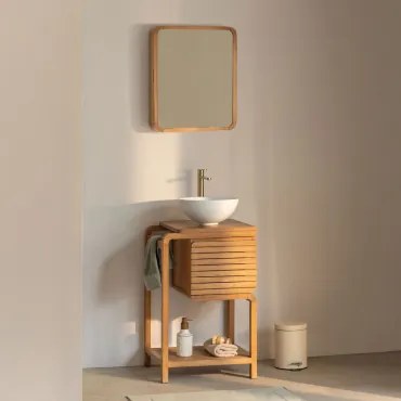 Bradley Teakhouten Badkamermeubelset Geborsteld Goudkleurig ↑30 Cm Met Aftapkraan Zonder Overloop Alameda & Rond Wit Keramiek Ø30 Cm Calgari & ↔ -