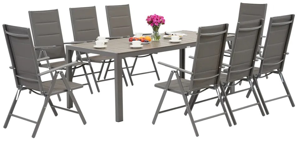 Garden Point grijze aluminium tuinmeubelen met grote Polywood Verona tafel voor 8 personen