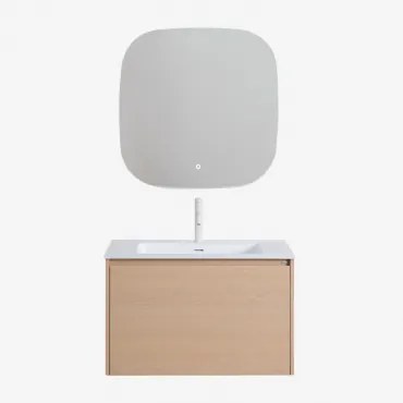 Jacob Zwevend Houten Badkamermeubelset Met Geïntegreerde Wastafel Natuurlijk Hout & Vierkant Led En Anticondens 75x75 Cm Riben & Wit - Sklum