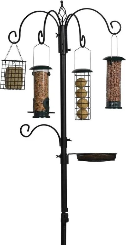Bûten Gift - Voederstation met 5 haken, 4 feeders, voedertray &amp; vogelbadje - H 185 cm - zwart